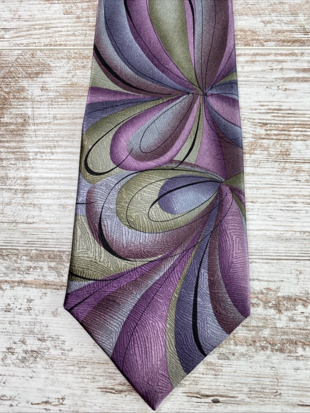 Jerry Garcia Tie Abstract Swirl Purple Gray Olive 100% Silk 58x4 Art Neckwear